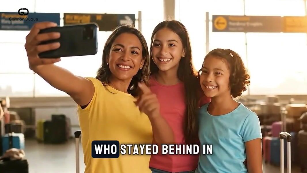 Course example: a mother and her children take a photo at an airport