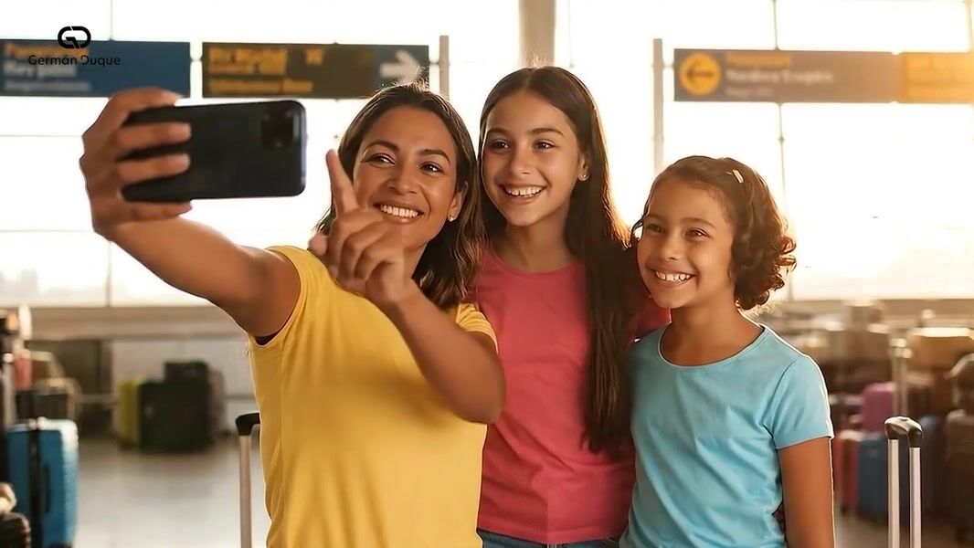 Ejemplo del curso: una madre se toma una foto con sus hijos en el aeropuerto